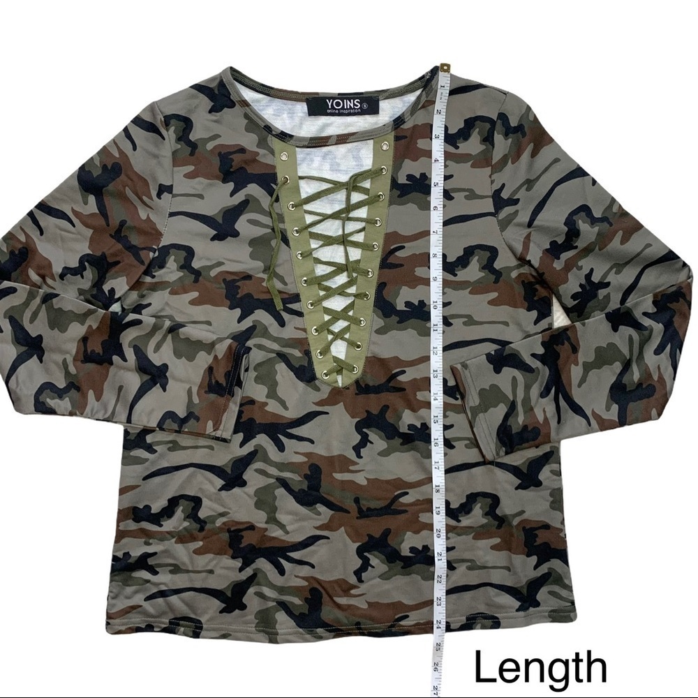 Boutique Yoins Military Camouflage Sexy Lace-Up V-Neck Long Sleeve Top Sz Small - Picture 14 of 16